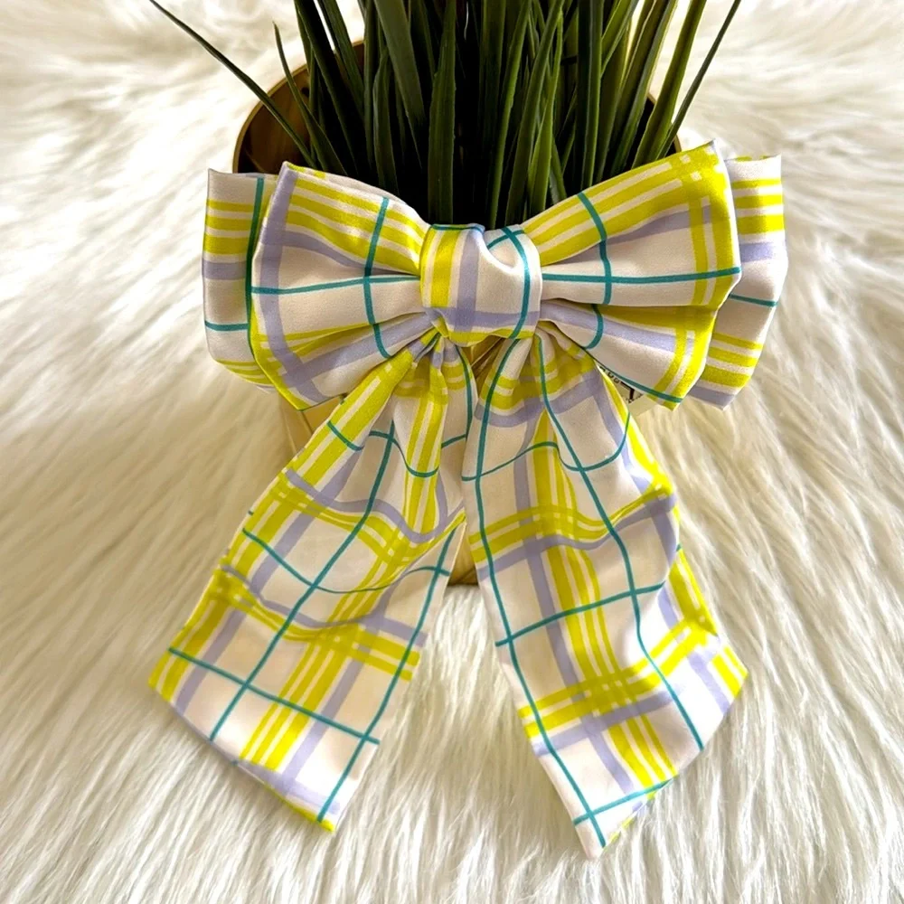 Anthropologie Plaid Patterned Hair Clip Bow NeonYellow Teal & Lavender On White